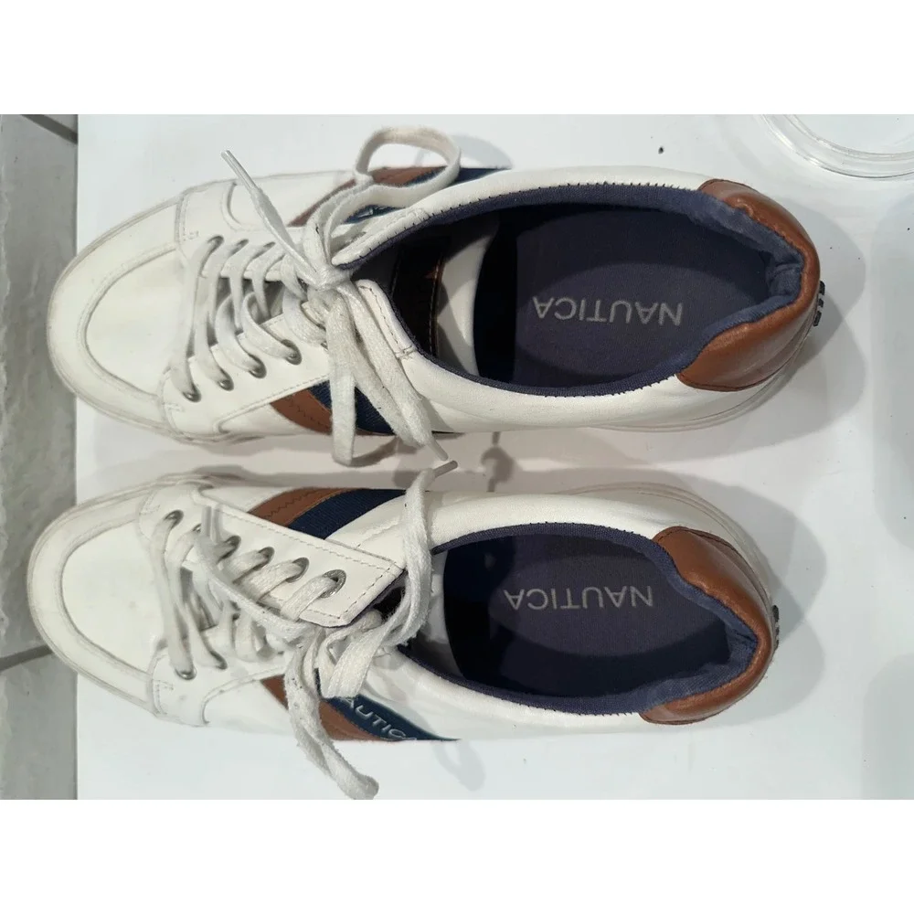 Nautica Garrison Men Size 12‎ White Brown Blue Stripe Casual Sneakers Shoes